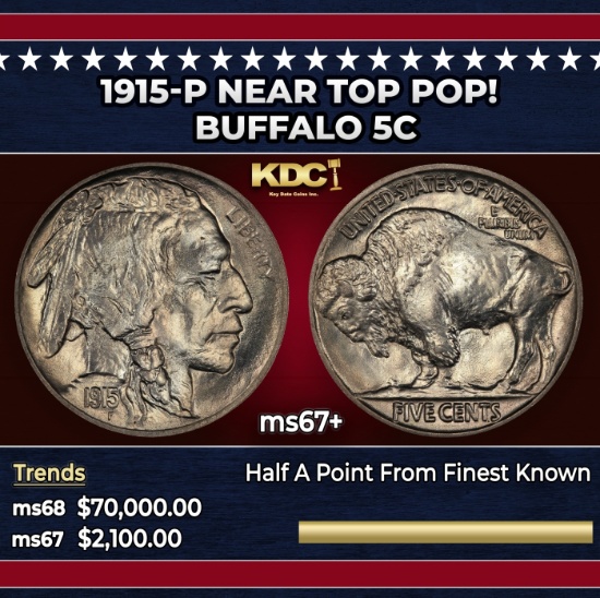 1915-p Buffalo Nickel Near Top Pop! 5c ms67+ SEGS