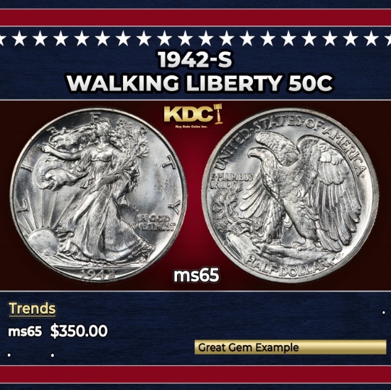 1942-s Walking Liberty Half Dollar 50c Grades ms65