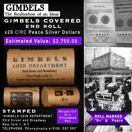 20 Coin GIMBLES Roll Circ Peace Dollar B+