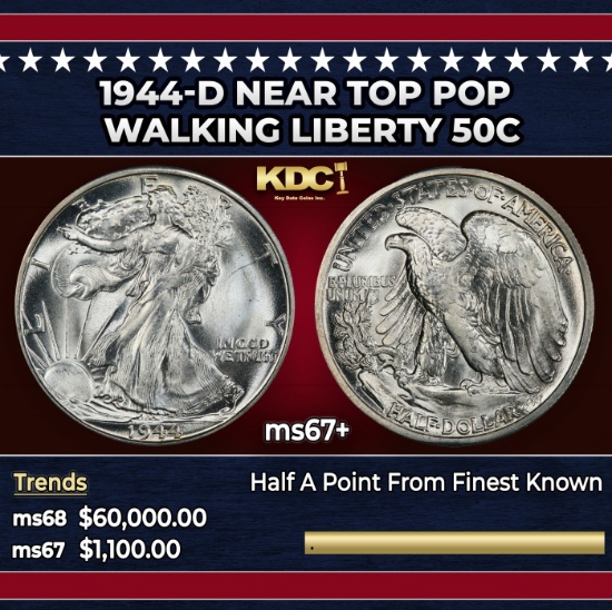 1944-d Walking Liberty Half Dollar Near Top Pop 50c ms67+ SEGS