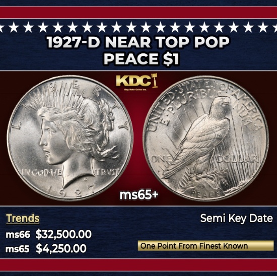 1927-d Peace Dollar Near Top Pop $1 ms65+ SEGS