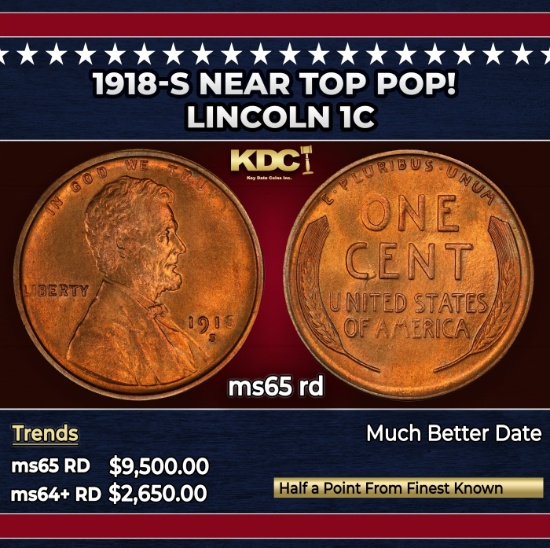 1918-s Lincoln Cent Near Top Pop! 1c ms65 rd SEGS