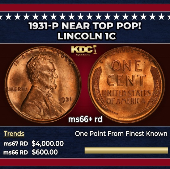 1931-p Lincoln Cent Near Top Pop! 1c ms66+ rd SEGS