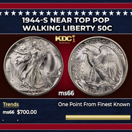 1944-s Walking Liberty Half Dollar Near Top Pop 50c Grades ms66