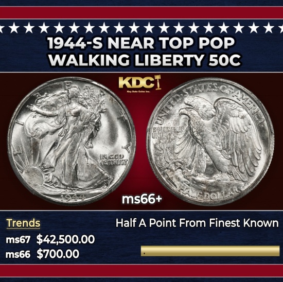 1944-s Walking Liberty Half Dollar Near Top Pop 50c ms66+ SEGS