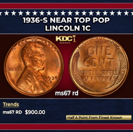 1936-s Lincoln Cent Near Top Pop 1c ms67 rd SEGS