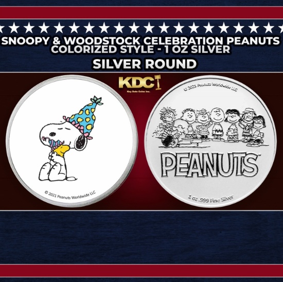 Snoopy & Woodstock Celebration Peanuts Colorized Style - 1 oz Silver Round Round