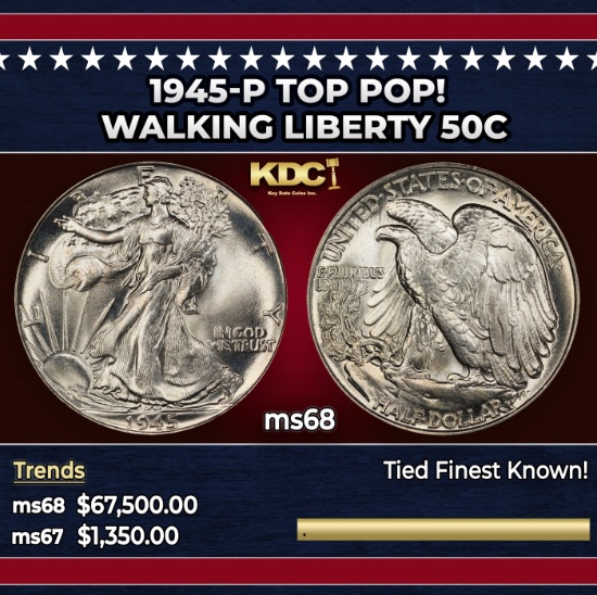 1945-p Walking Liberty Half Dollar TOP POP! 50c ms68 SEGS