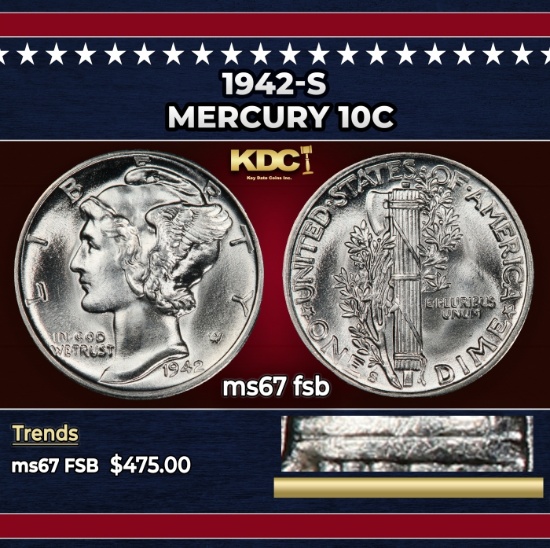 1942-s Mercury Dime 10c ms67 fsb SEGS