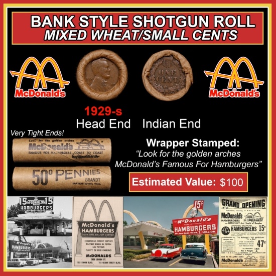 Lincoln Wheat Cent 1c Mixed Roll Orig Brandt McDonalds Wrapper, 1929-s end, Indian other end