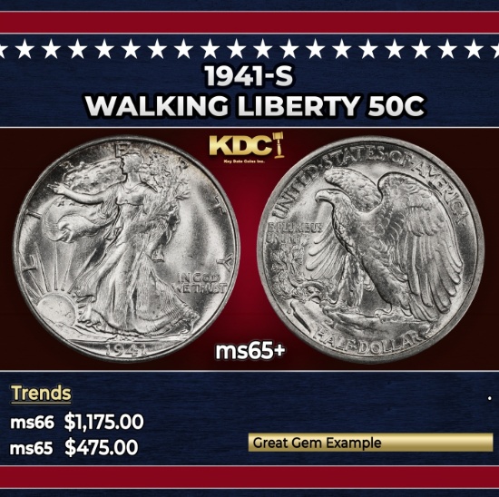 1941-s Walking Liberty Half Dollar 50c Grades ms65+