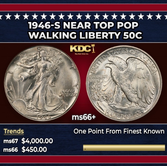 1946-s Walking Liberty Half Dollar Near Top Pop 50c ms66+ SEGS