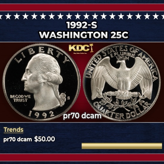 1992-s Proof Washington Quarter 25c pr70 dcam SEGS