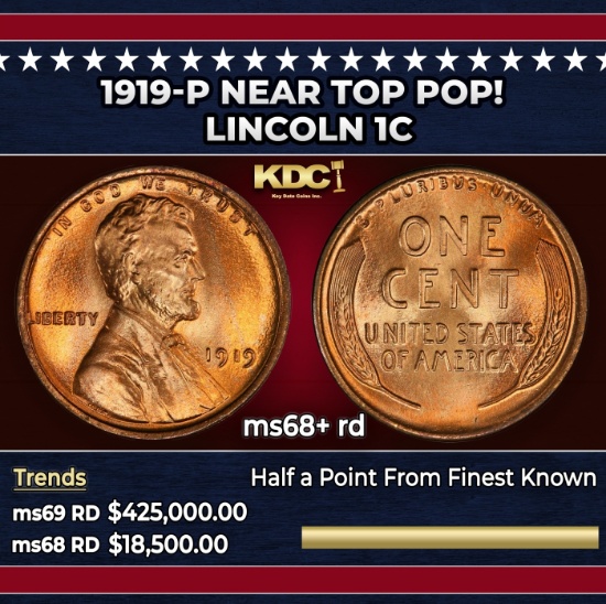 1919-p Lincoln Cent Near Top Pop! 1c ms68+ rd SEGS