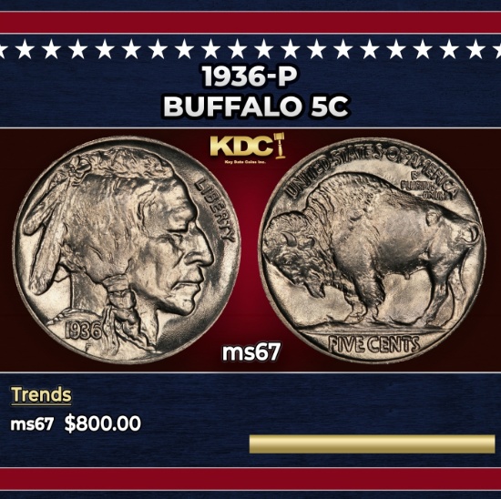 1936-p Buffalo Nickel 5c ms67 SEGS