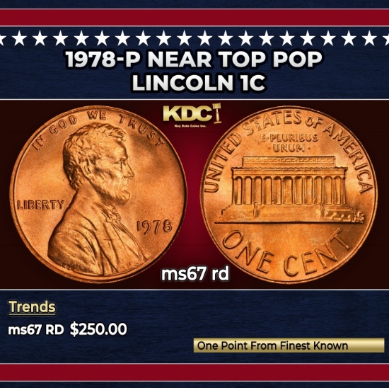1978-p Lincoln Cent Near Top Pop 1c ms67 rd SEGS