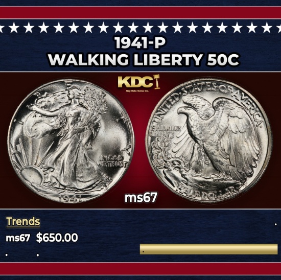 1941-p Walking Liberty Half Dollar 50c ms67 SEGS
