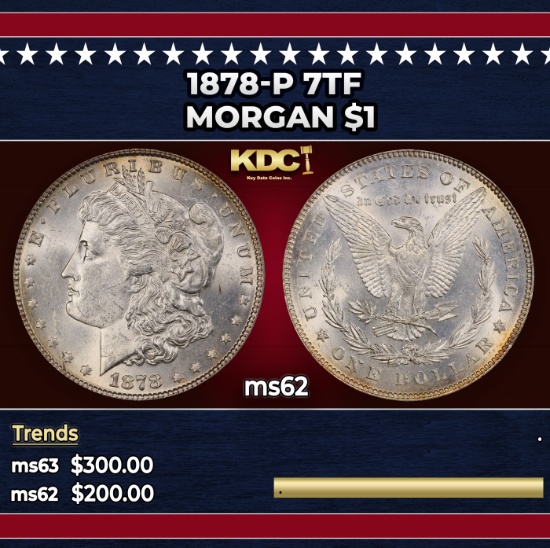 1878-p 7tf Morgan Dollar $1 Grades ms62