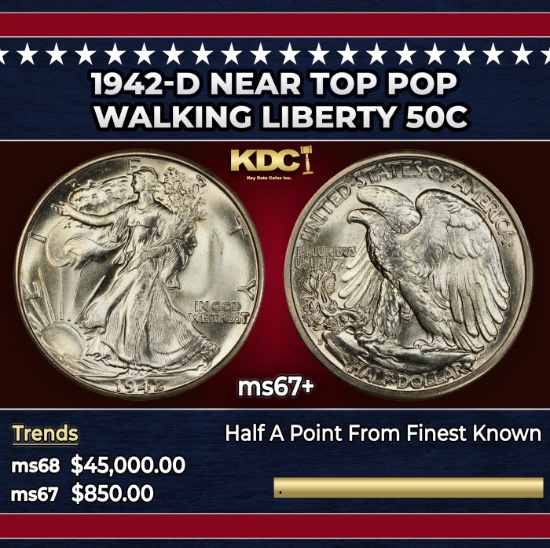 1942-d Walking Liberty Half Dollar Near Top Pop 50c ms67+ SEGS