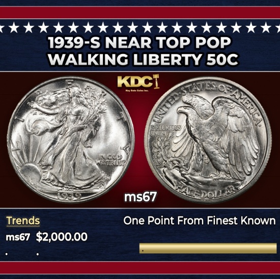 1939-s Walking Liberty Half Dollar Near Top Pop 50c ms67 SEGS