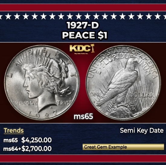1927-d Peace Dollar $1 ms65 SEGS