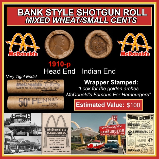 Lincoln Wheat Cent 1c Mixed Roll Orig Brandt McDonalds Wrapper, 1910-p end, Indian other end