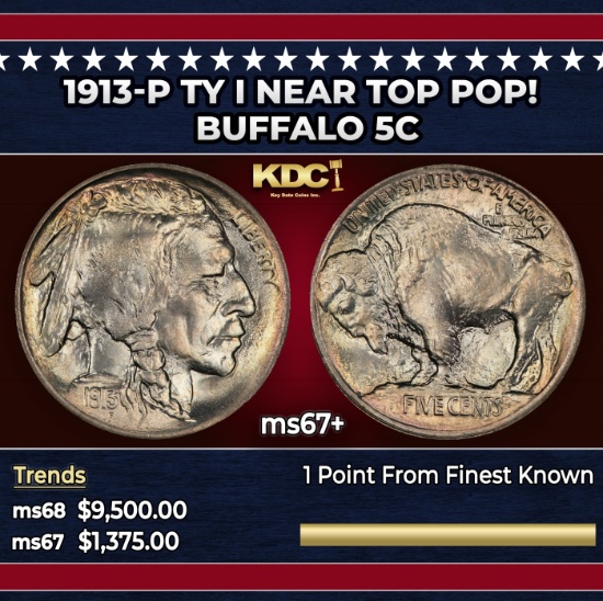 1913-p Ty I Buffalo Nickel Near Top Pop! 5c ms67+ SEGS