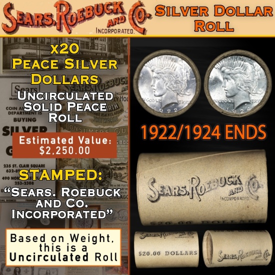 SEARS Silver Peace Dollar $1 Roll UNC 20 Coin 1924/1922 Ends
