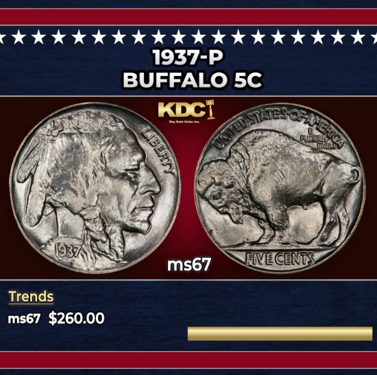 1937-p Buffalo Nickel 5c ms67 SEGS