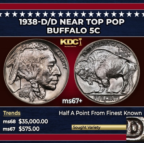 1938-d/d Buffalo Nickel Near Top Pop 5c ms67+ SEGS