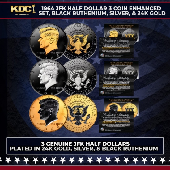 1964 JFK Half Dollar 3 Coin Enhanced Set, Black Ruthenium, Silver, & 24K Gold Other Toy