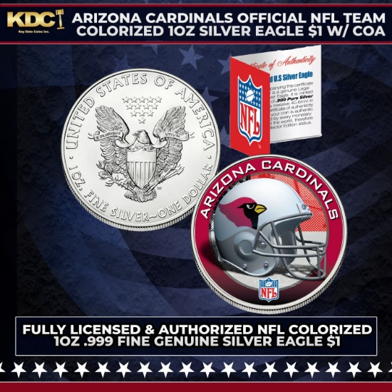 Arizona Cardinals Official NFL Team Colorized 1oz Silver Eagle $1 w/ COA Other Toy
