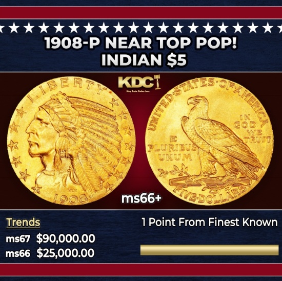 1908-p Gold Indian Half Eagle Near Top Pop! $5 ms66+ USCG