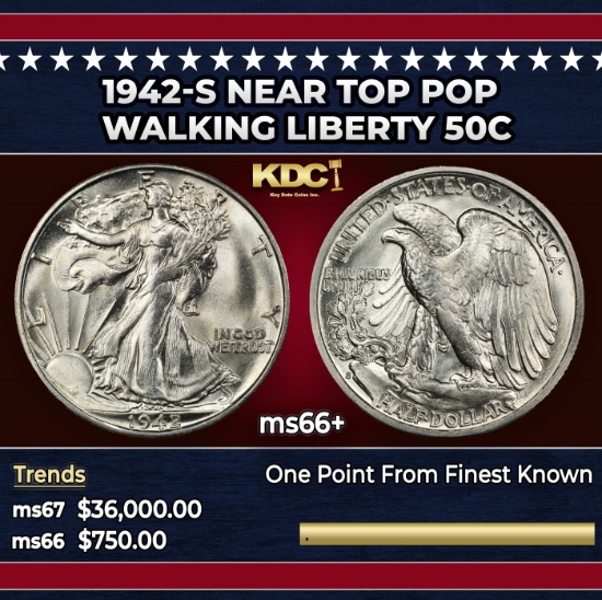1942-s Walking Liberty Half Dollar Near Top Pop 50c ms66+ SEGS