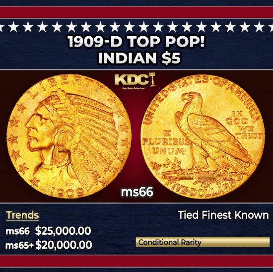 1909-d Gold Indian Half Eagle TOP POP! $5 ms66 USCG