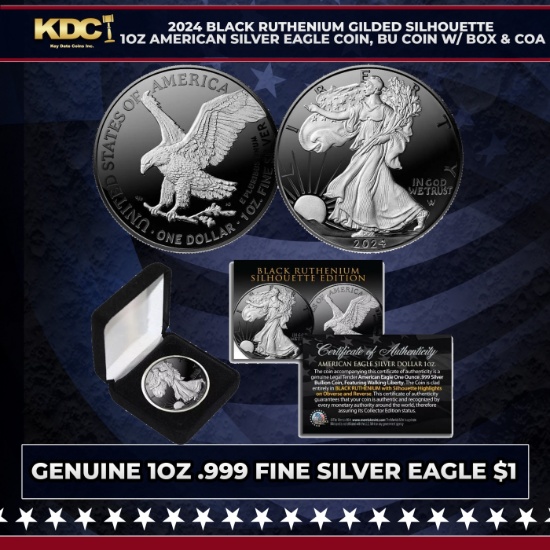 2024 Black Ruthenium Gilded Silhouette 1oz American Silver Eagle Coin, BU Coin w/ Box & COA Other To