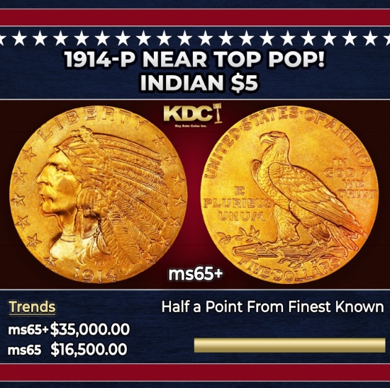 1914-p Gold Indian Half Eagle Near Top Pop! $5 ms65+ USCG