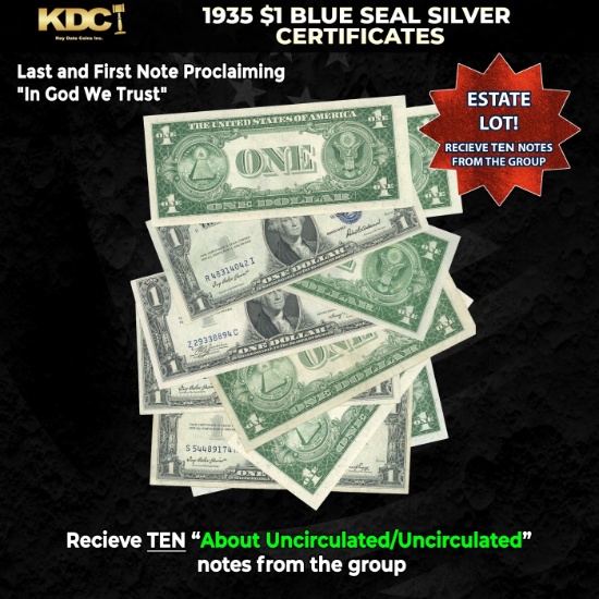 10x 1935 $1 Blue Seal Silver Certificates Grades AU/CU