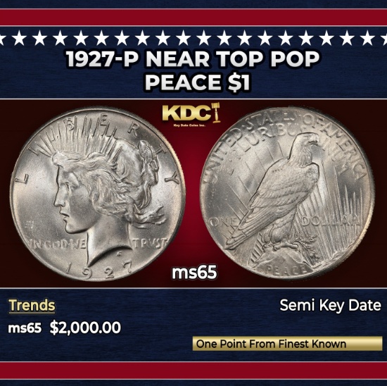 1927-p Peace Dollar Near Top Pop $1 ms65 SEGS
