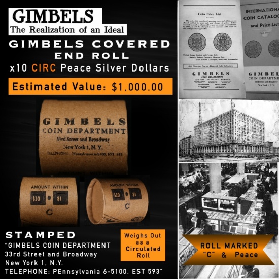 GIMBLES RARE 10 Coin Peace Silver Dollar Roll Circ C