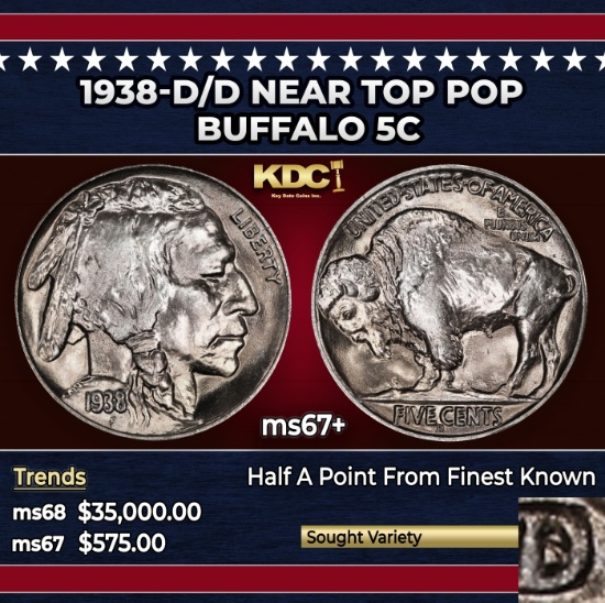 1938-d/d Buffalo Nickel Near Top Pop 5c ms67+ SEGS