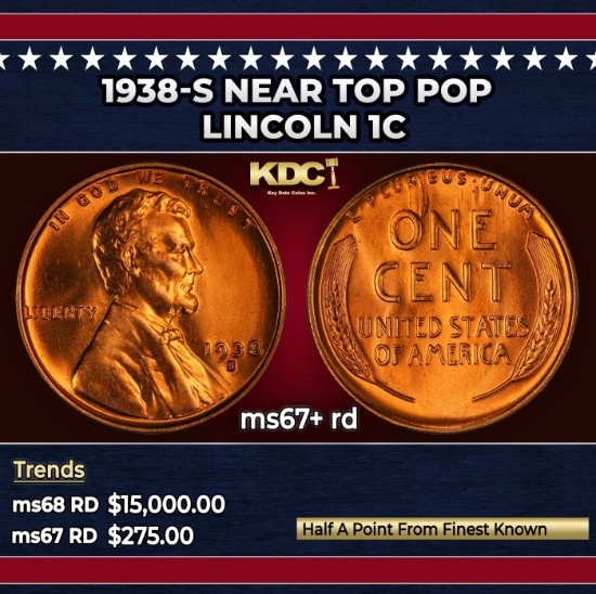 1938-s Lincoln Cent Near Top Pop 1c ms67+ rd SEGS