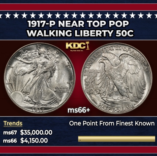 1917-p Walking Liberty Half Dollar Near Top Pop 50c ms66+ SEGS
