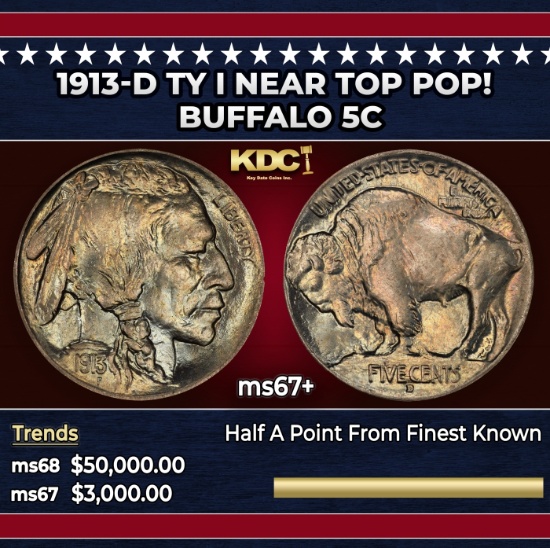 1913-d Ty I Buffalo Nickel Near Top Pop! 5c ms67+ SEGS