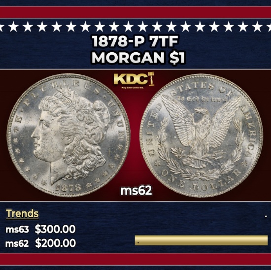 1878-p 7tf Morgan Dollar $1 Grades ms62