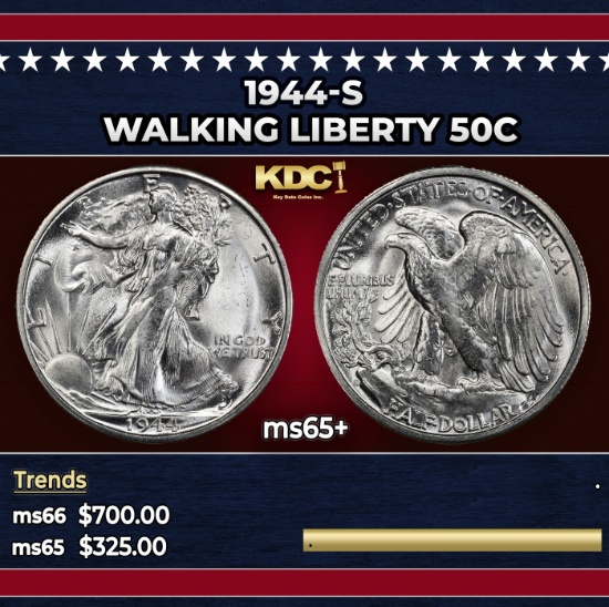 1944-s Walking Liberty Half Dollar 50c Grades ms65+