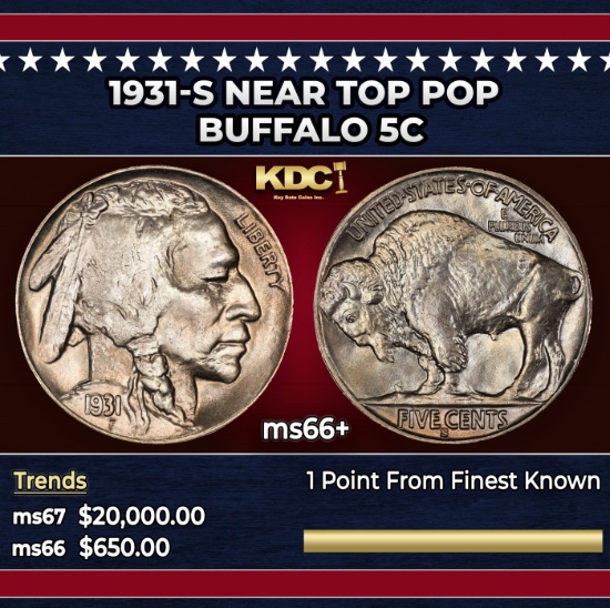 1931-s Buffalo Nickel Near Top Pop 5c ms66+ SEGS