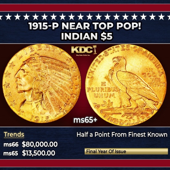 1915-p Gold Indian Half Eagle Near Top Pop! $5 ms65+ USCG