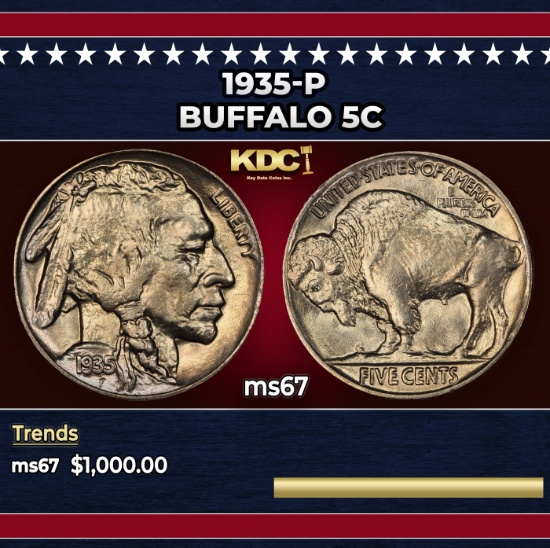 1935-p Buffalo Nickel 5c ms67 SEGS