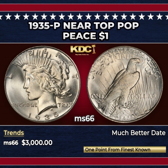 1935-p Peace Dollar Near Top Pop $1 ms66 SEGS